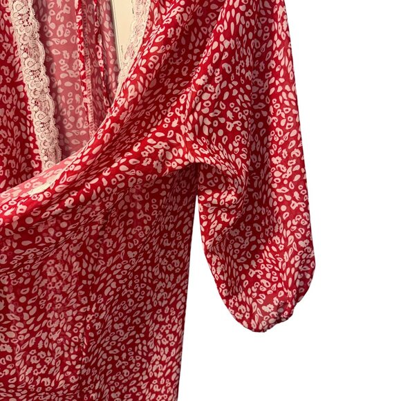 Jen & Co. Red & White Open Front Kimono With Lace Trim one Size - Picture 6 of 12